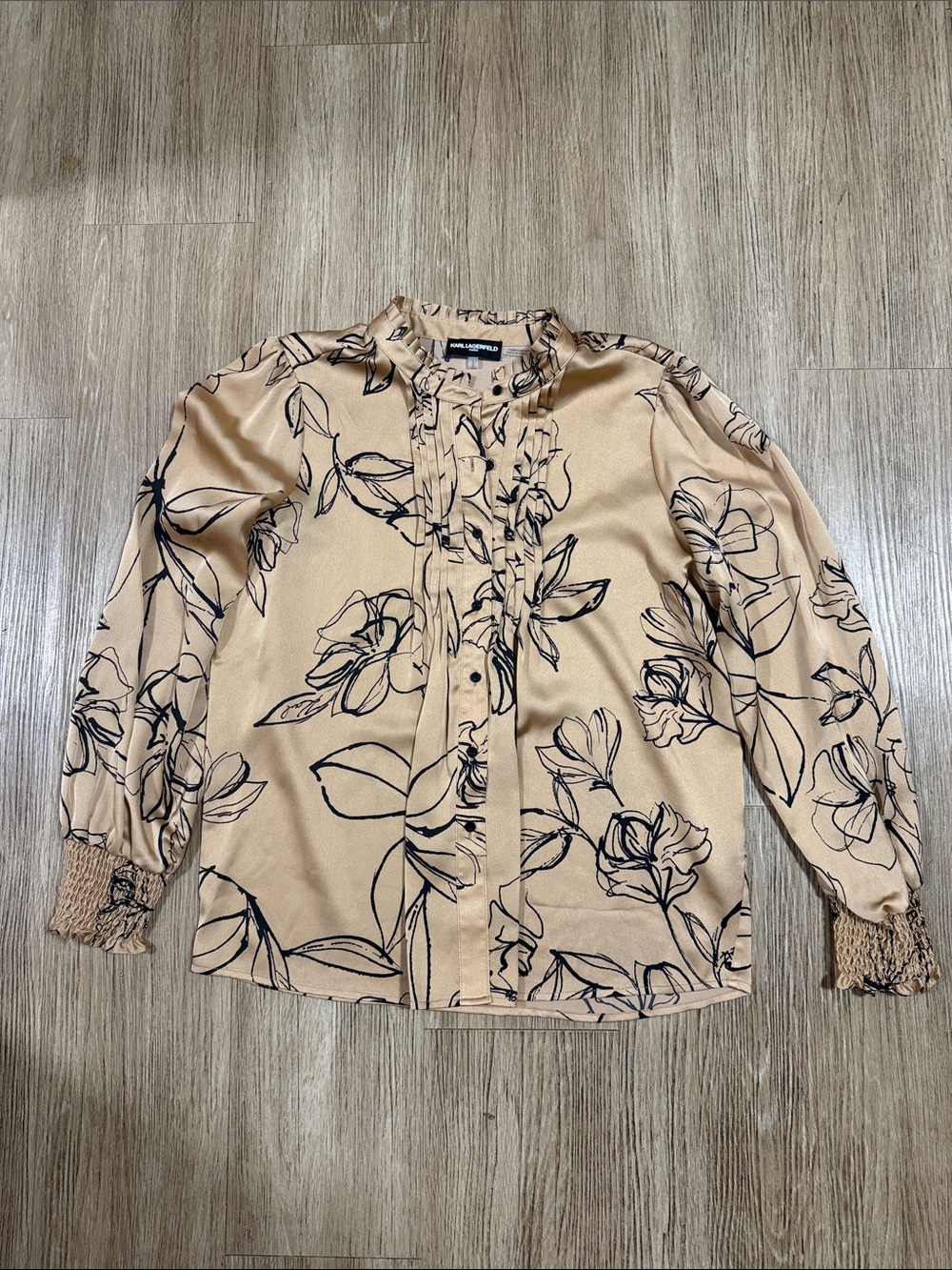 Karl Lagerfeld Beige and Black Floral Ruffle Front Blouse L